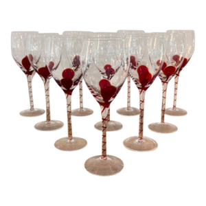 Vintage Clear Art Glass Wine Goblets With Red Swirl Stems - Set of 10