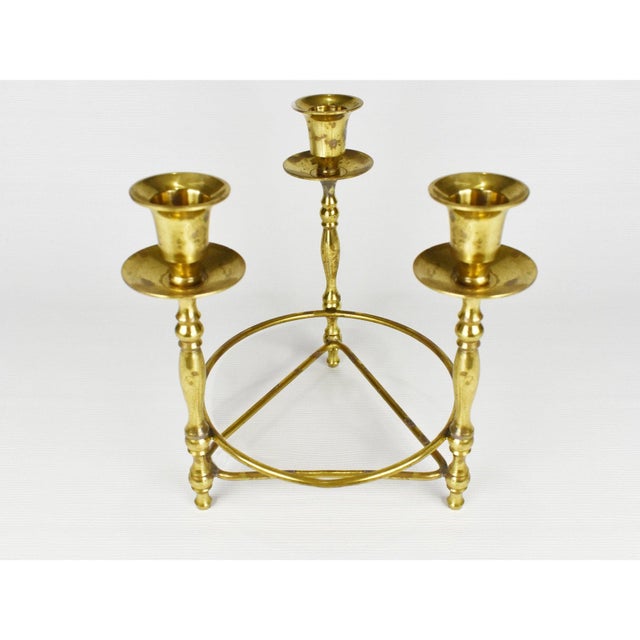 Mid 20th Century Vintage Teleflora Brass Trio Candle Holder With Bowl Centerpiece For Sale - Image 5 of 5