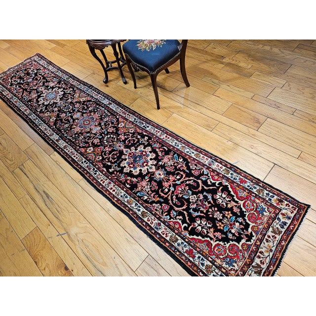 Vintage Bakhtiari Tribal Runner, Hand-Knotted Wool, Floral Bouquets & Medallions, Navy & Ivory, 3x12 For Sale - Image 4 of 16