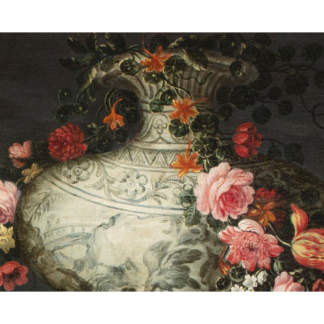 Forest Green Unknown, Roman Maestro, Still Life with Parrot, Fruit, Flowers and Metal Jug on a Cloth, 1800s, Oil on Canvas, Framed For Sale - Image 8 of 12