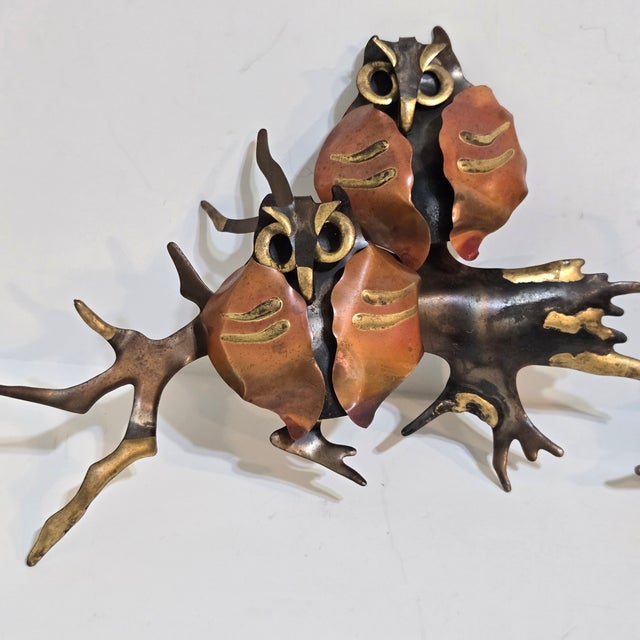 Mid 20th Century Vintage Jere Style Owl Family Set Metal Brass Copper Brutalist Wall Art Sculpture 3 Pieces MCM For Sale - Image 5 of 10