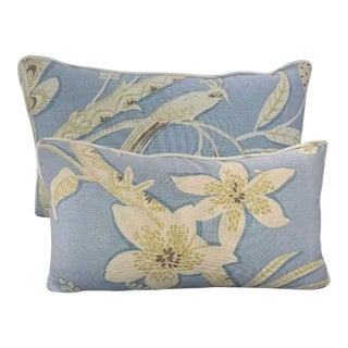 Pair of Soft Blue Aviary Lumbar Pillows For Sale