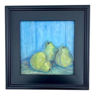 “3 Pears” Contemporary Still Life Fruit Oil Painting by Sandra Wright, Framed For Sale