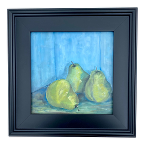 “3 Pears” Contemporary Still Life Fruit Oil Painting by Sandra Wright, Framed