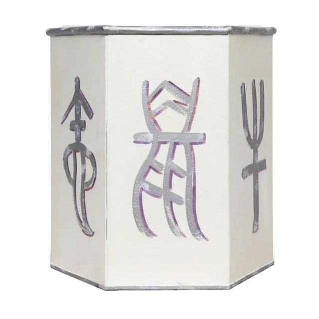 A Hand-Painted Hexagonal Iron Tea Canister Table Lamp With Silver Calligraphic Design For Sale In New York - Image 6 of 7