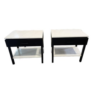 Custom Oak Espresso Nightstands With Limestone Top & Shelf – Modern Organic Bedside Tables For Sale