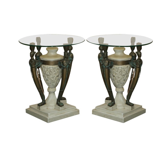 Vintage Egyptian Revival Side Tables with Glass Tops, Set of 2 For Sale
