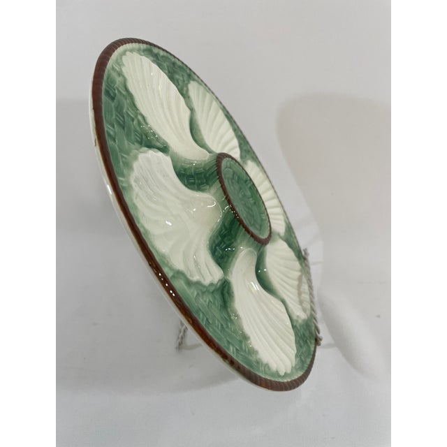 1930s French Longchamp Green and White Majolica Oyster Plate For Sale - Image 11 of 14