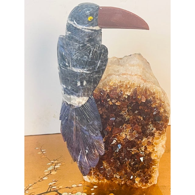 1960s 1960s Semiprecious Carved Stone Bird on Impressive Citrine Clusyer Geode Specimen For Sale - Image 5 of 5