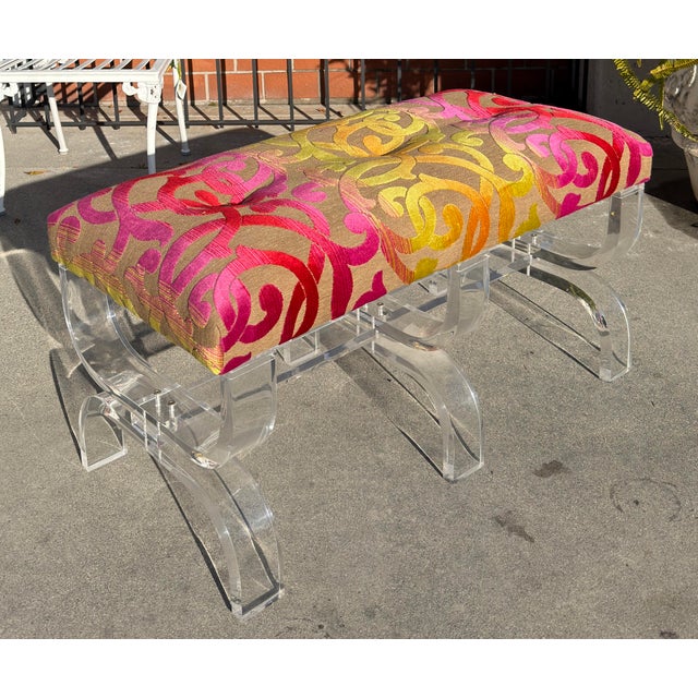 Mid-Century Modern Scalamandre Cut Velvet Upholstered Phyllis Morris Lucite Bench For Sale - Image 3 of 7