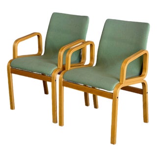 Mid 20th Century Pair of Danish Modern Bentwood Armchairs With Sage Green Upholstery For Sale