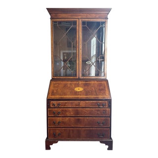 Early 20th Century Georgian-Style Mahogany Burl Wood 2-Piece Secretary Desk With Hutch. For Sale