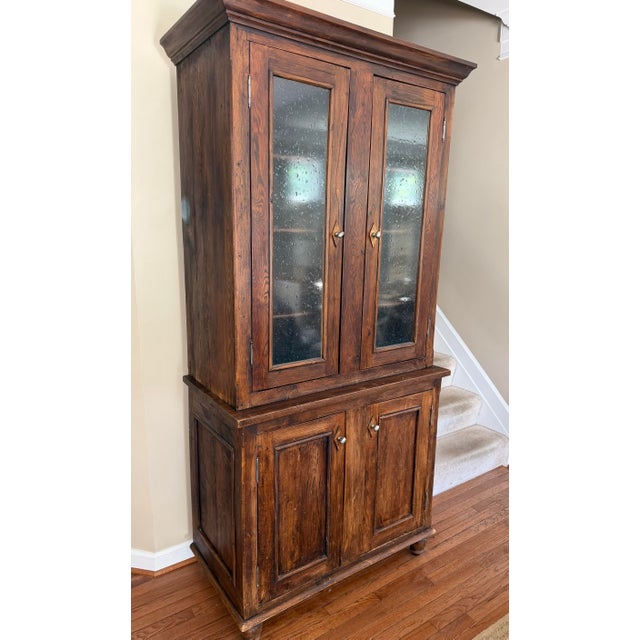 Brown Antique-Style Pine Step-Back Hutch With Wavy Seedy Glass Doors For Sale - Image 8 of 10