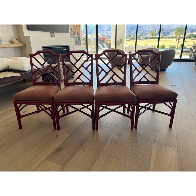 Red John-Richard 39" X 39" X 30"h Eur-03-0108 Leather Top Walnut Game Table (Mah Jongg) and 4 Red Palecek Bamboo Chippendale Style Dining Chairs For Sale - Image 8 of 10