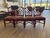 Red John-Richard 39" X 39" X 30"h Eur-03-0108 Leather Top Walnut Game Table (Mah Jongg) and 4 Red Palecek Bamboo Chippendale Style Dining Chairs For Sale - Image 8 of 10