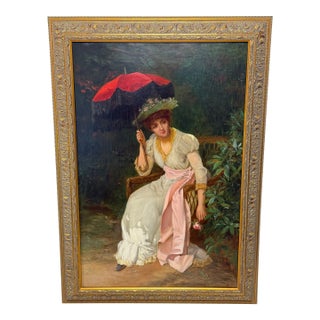 19th Century Oil Portrait of an Elegant Victorian Lady With Red Parasol, Signed by William Oliver (1823–1901) Gilt Framed For Sale