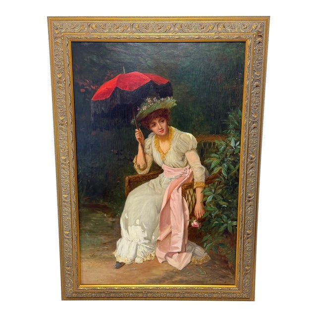 19th Century Oil Portrait of an Elegant Victorian Lady With Red Parasol, Signed by William Oliver (1823–1901) Gilt Framed For Sale