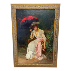 19th Century Oil Portrait of an Elegant Victorian Lady With Red Parasol, Signed by William Oliver (1823–1901) Gilt Framed