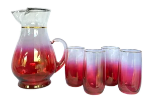 1960s Blendo Cranberry Rose Pitcher and Drinking Glass Set West Virginia Glass Co. Cocktail Set- 5 Pieces