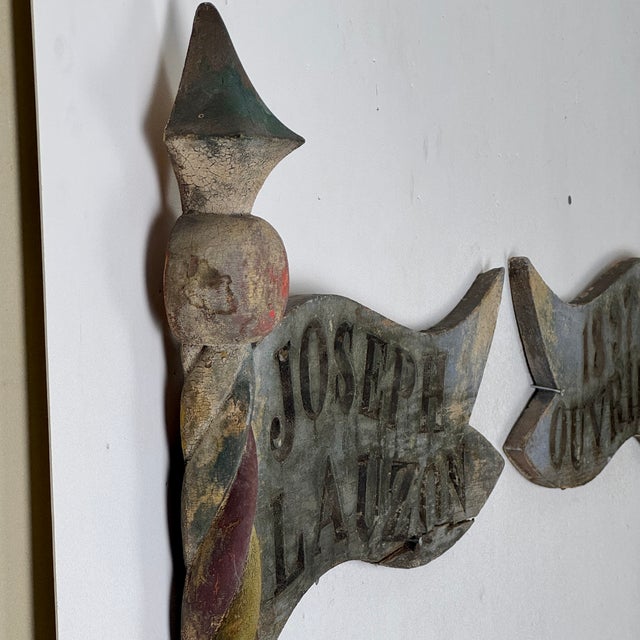 Late 19th Century Rare & Unusual Pair of French Hand Painted and Carved Wood Trade Sign in Form of Pole & Flag For Sale - Image 11 of 16