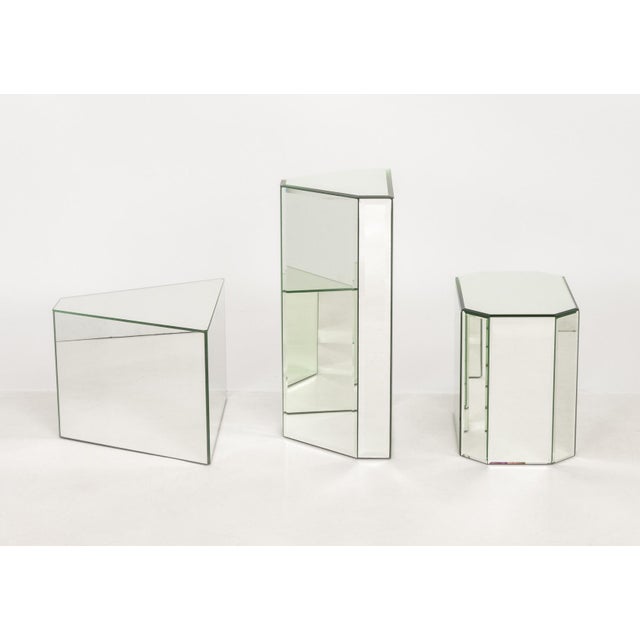 Group of Three Modern Mirrored Pedestal Tables, two triangular form and one rectangular with canted corners, each with...