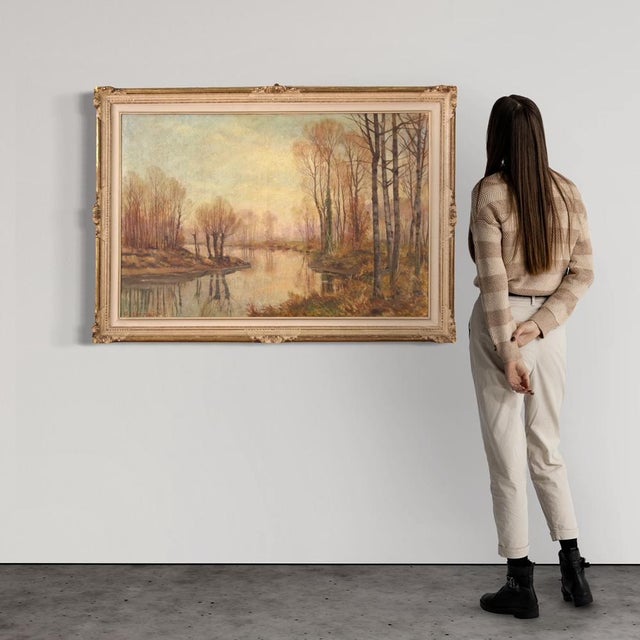 Italian painting from the mid-20th century. Oil on canvas artwork, first canvas, depicting an autumnal view, countryside...
