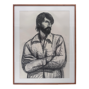 Large Harley Francis Self Portrait Drawing in Charcoal and Oil Stick