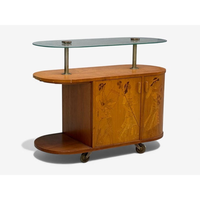 Erik Mattsson, Art Deco, Marquetry, Glass, Rare Bar Cart, Sweden C. 1939 For Sale - Image 4 of 16
