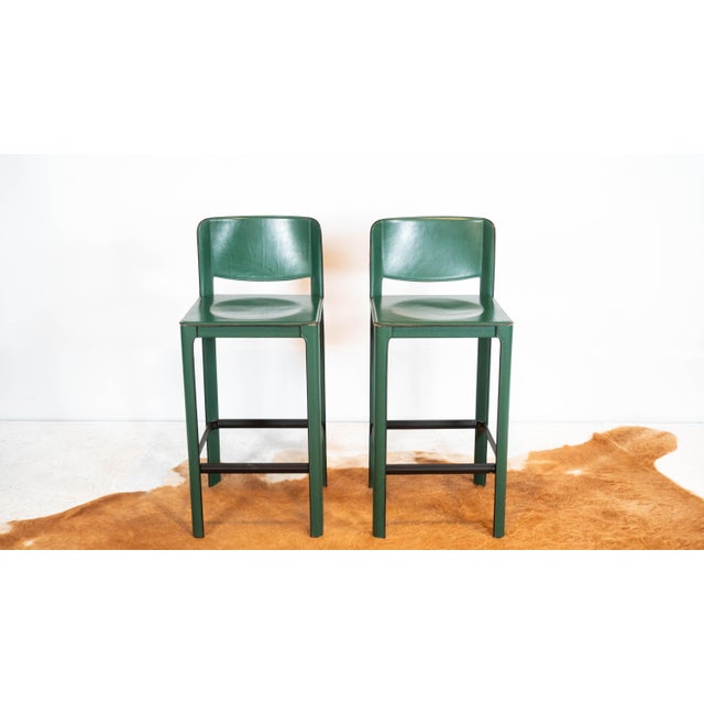 1980s Mid-Century Matteo Grassi Green Saddle Leather Sistina Counter Stools - A Pair For Sale - Image 10 of 16