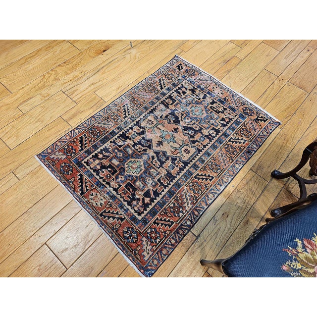 Vintage Persian Heriz Karajah Rug, Hand-Knotted Wool, Geometric Pattern, Blue & Rust-Red, 3x4 For Sale - Image 13 of 14