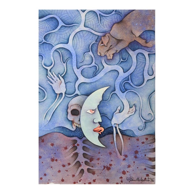 1996 Mystical Surreal Moon Dog and Skull Watercolor Painting For Sale