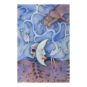 1996 Mystical Surreal Moon Dog and Skull Watercolor Painting