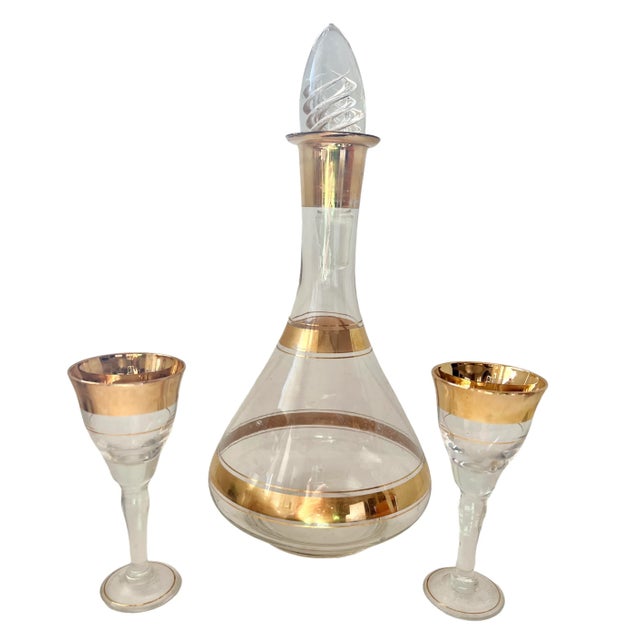 Mid Century Modern Gold Band Liquor Wine Cordials & Decanter Set- 3 Pieces For Sale - Image 13 of 13