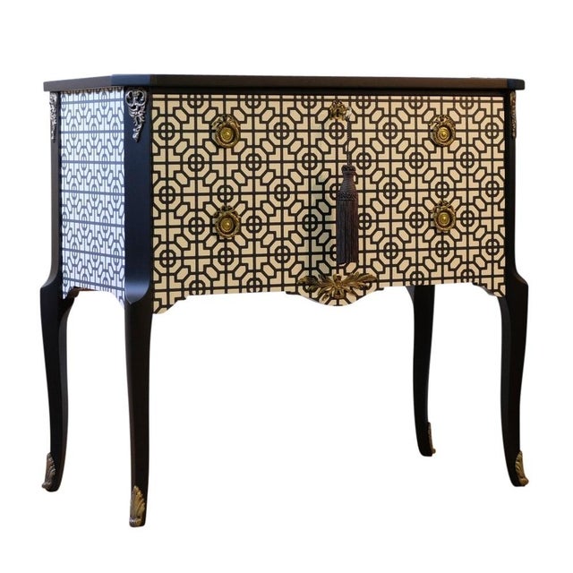 Gustavian commode with a marble slab renovated to the highest stand in a matte black and white Art Deco pattern. Fine...