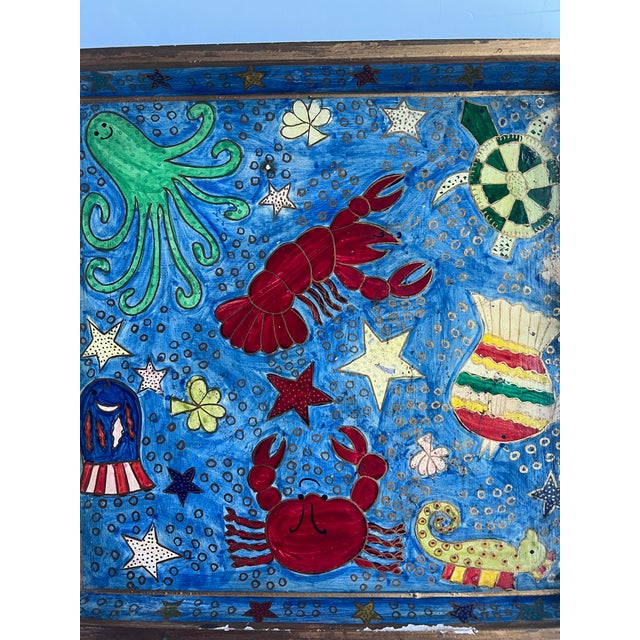 Colorful Handpainted Square Tray With Sea Creatures For Sale In Raleigh - Image 6 of 9