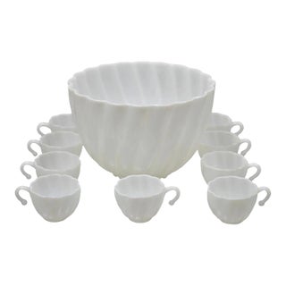 Mid 20th Century Hazel Atlas PAttern White Apline Swirl Punch Bowl Set 9 Hook Handle Cups - 10 PCS For Sale