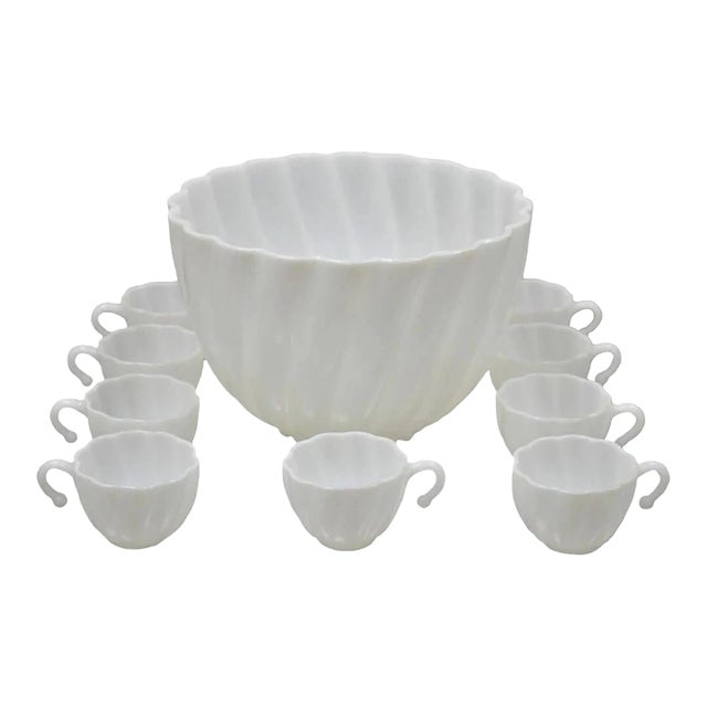Mid 20th Century Hazel Atlas PAttern White Apline Swirl Punch Bowl Set 9 Hook Handle Cups - 10 PCS For Sale