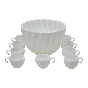 Mid 20th Century Hazel Atlas PAttern White Apline Swirl Punch Bowl Set 9 Hook Handle Cups - 10 PCS