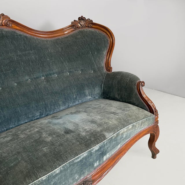Wood Italian Louis XVI Style Sofa in Light Blue Velvet and Wood, 1930s For Sale - Image 7 of 18