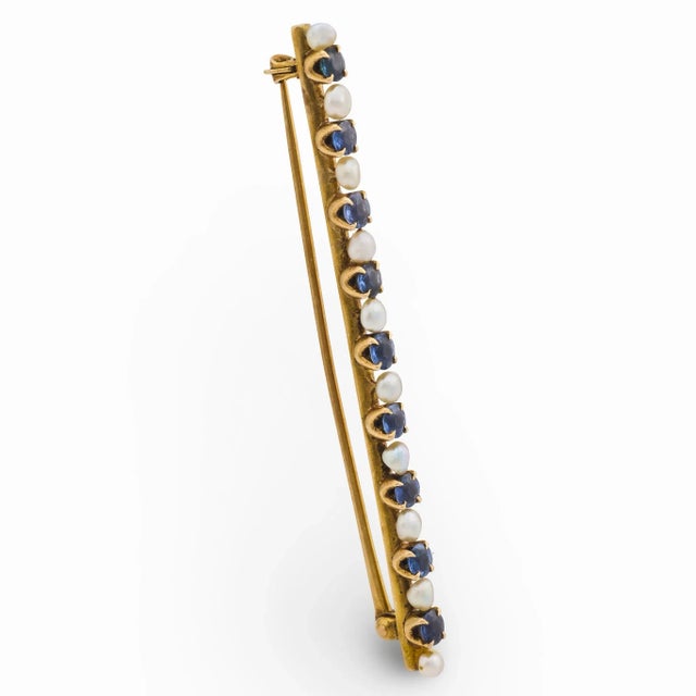 Victorian 19th Century Victorian Sapphire Pearl 14k Yellow Gold Brooch For Sale - Image 3 of 6
