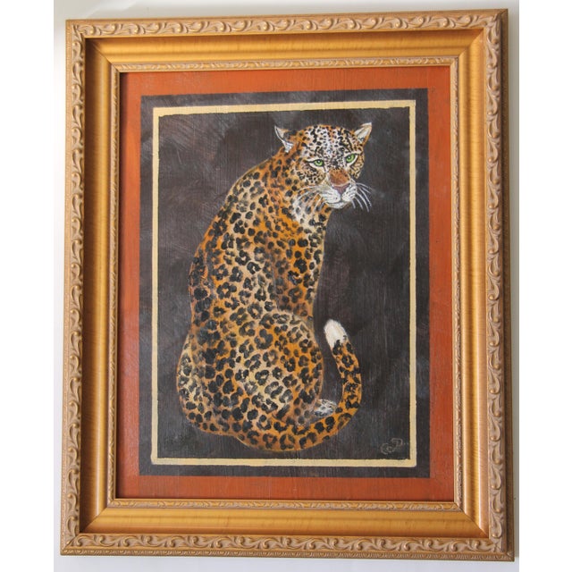Cleo Plowden Leopard Style of Skilling British Colonial Traditional Realism Goldenrod Antique White Gray Original Oil Painting Cleo Plowden For Sale - Image 4 of 5