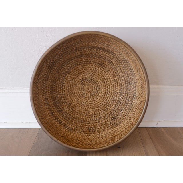 Vintage 1970s 15" Brass-Rimmed Rattan Basket Bowl For Sale - Image 10 of 12