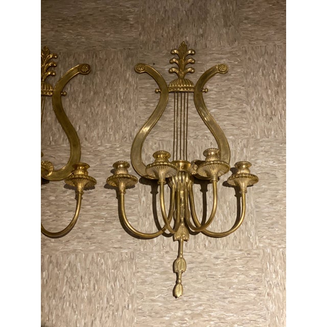 American 1920s Lyre Design Gilt Bronze 4 Lights Sconces - Pair For Sale - Image 3 of 10