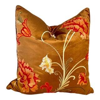 Large Embroidered Floral Silk Pillow With Feather Insert For Sale