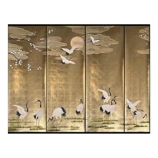 Gold Leaf Japanese Style Hand-Painted Crane Wall Panels (Set of 4) For Sale
