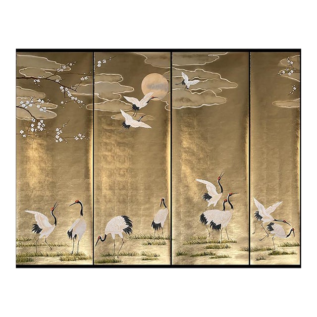 Gold Leaf Japanese Style Hand-Painted Crane Wall Panels (Set of 4) For Sale