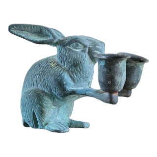 Vintage Cast Iron Bunny Candle Holder – Double Taper Rabbit Candelabra With Aged Patina Finish For Sale