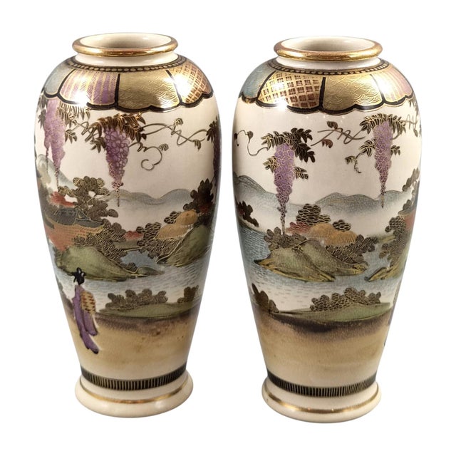 A finely decorated pair of Japanese Satsuma vases attributed to the Shozan workshop (庄山), dating from circa 1900-1910....