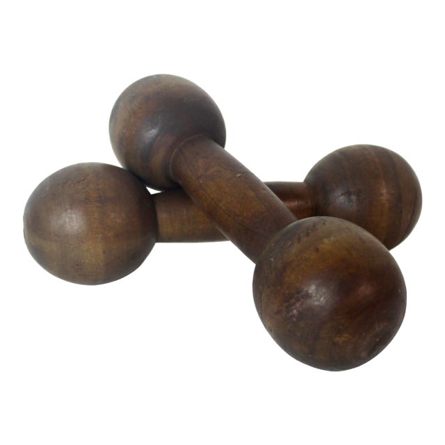 Vintage Wood Hand Weights or Dumbbells Set of Two Sports Equipment Memorabilia Dumb Bells For Sale