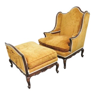 Louis XV Orange Velvet Walnut Wing Chair & Ottoman For Sale